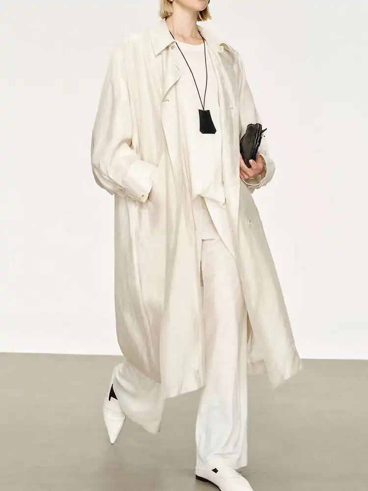 ZMEENNA Womens Lightweight Oversized Draped Trench Coat Long Sleeve Double Breasted Loose Fit Classic Lapel Chic Style ZM1054 250715