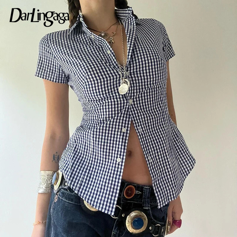 Darlingaga Vintage Fashion Plaid Shirt Women Cropped Top ButtonsUp Cardigan Y2K Korean Style Casual Summer Blouse Short Sleeve 250717
