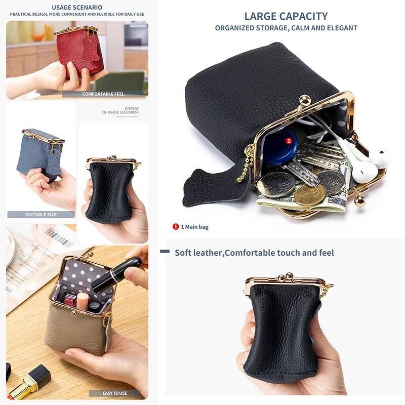 Women's Purse Genuine Leather Kiss Buckle Mini Wallet Coin Lipstick Storage Ladies Clutch Bag Drop Shipping