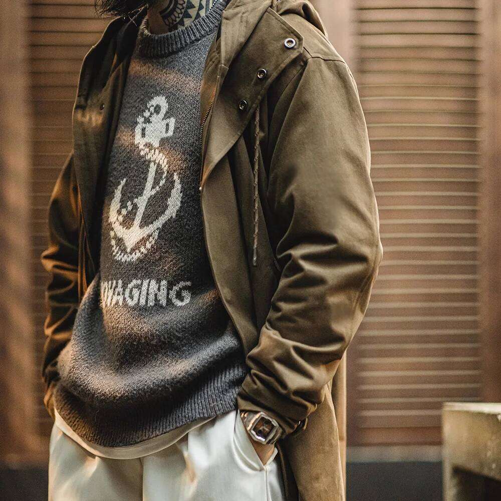 Maden Retro M51 Hooded Windbreaker Loose Fit Cotton Zipper Mid-Length Jacket Versatile Solid Color Outerwear For Men's Autumn