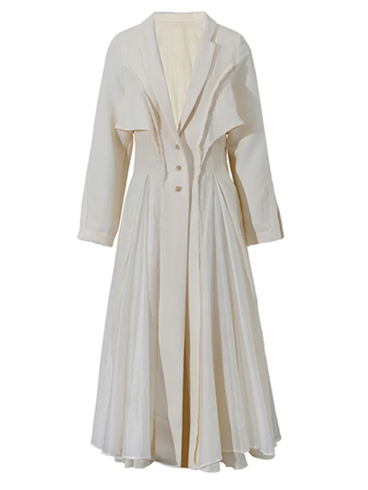 PlusizeShe Spring Long Fitted Mesh Patchwork Linen Trench Coat for Women Single Breasted Chic Elegant er Clothes 250715