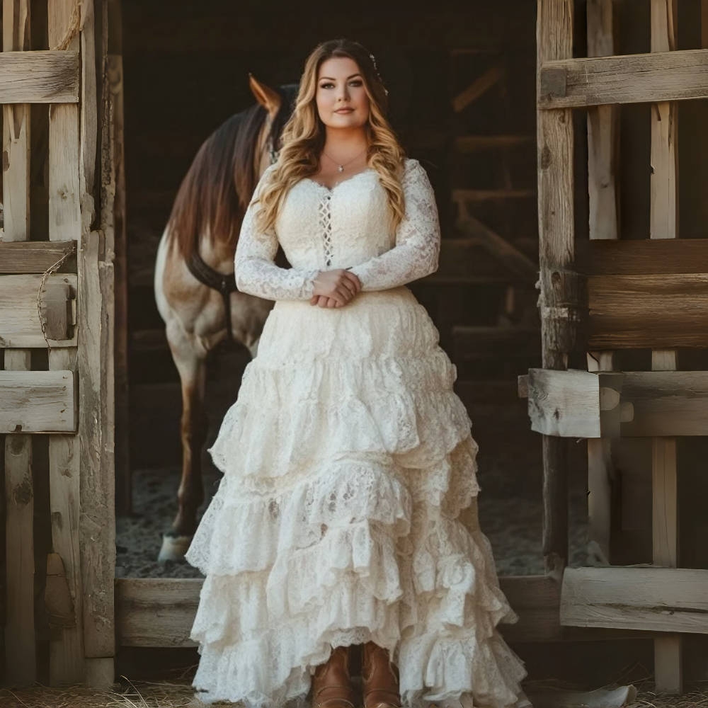 Rustic Lace Country Wedding Dresses Long Sleeves A-Line Vintage Western Cowboy Bridal Gown Ruffle Tiered Lace-up Corset Vestidos De Novia 2025