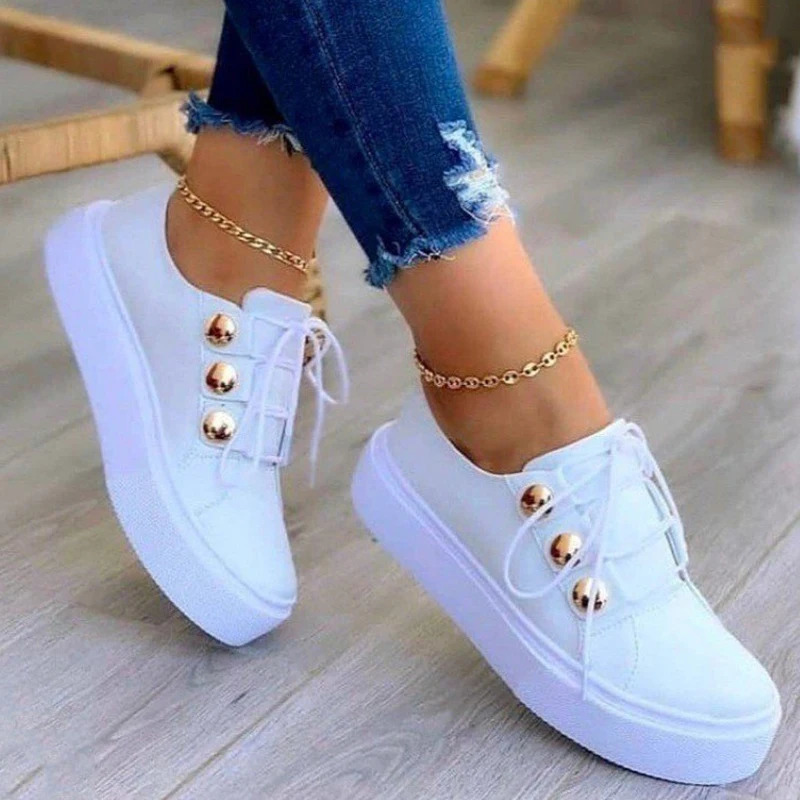 Summer White Women Shoes Fashion Round Toe Platform Shoes Plus Size Casual Sneakers Lace Up Flats Women Slip On Tennis Shoes 250717
