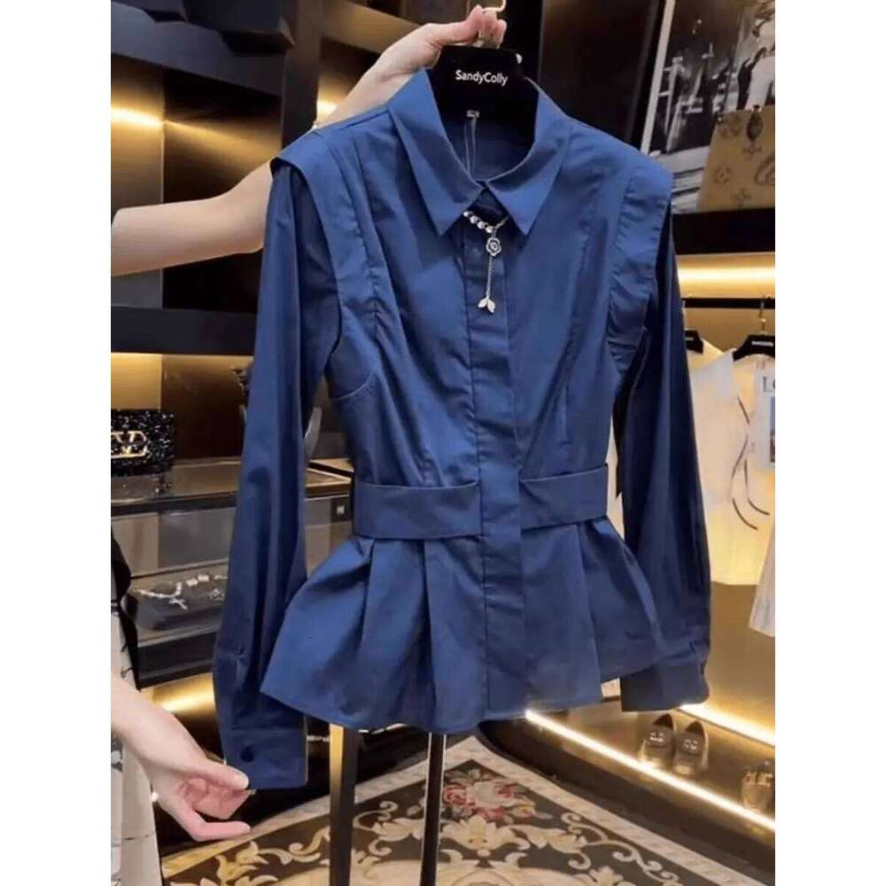 French Design Splicing Pleated Lapel Blue Shirt for Women Autumn New Waist Femmale Top Long Sleeves Blouses