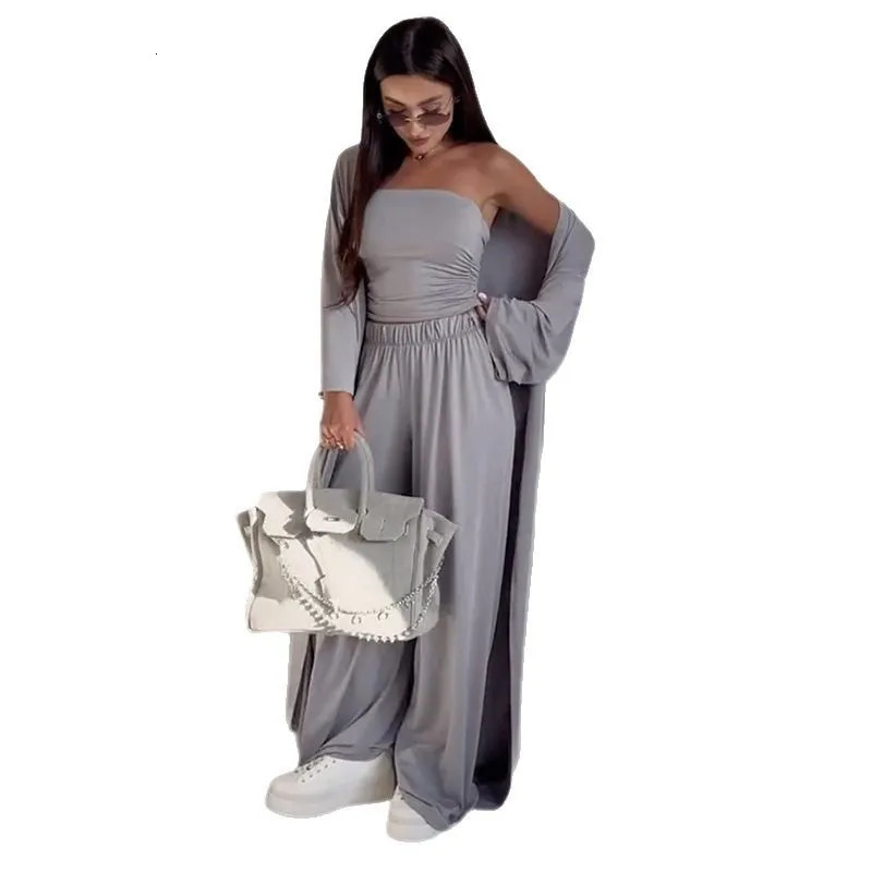 Womens clothing 2025 summer casual strapless vest long cardigan wide-leg trousers three-piece club clothing club Vestidos 250715