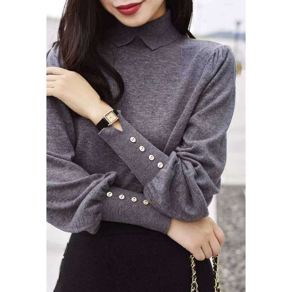 High Necked Pullover Shirts Women Button Up Lantern Sweaters Solid Color Wool Knitwear Women's Long Sleeve Top Turtleneck MDNG