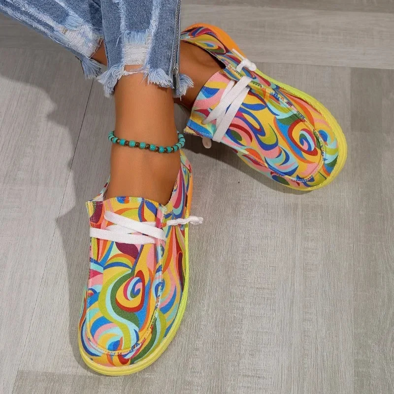 2025 Women Ethnic Rainbow Canvas Shoes Autumn Casual Daily Ladies Flat Shoes Round Toe Multi-Color Print Lace-up Sneakers 250717