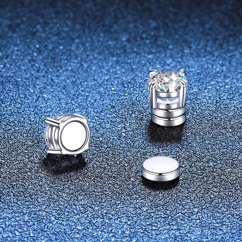 S Pure Sier Non-Pierced Magnetic Classic Four-Prong Unisex Moissanite Earrings 91d