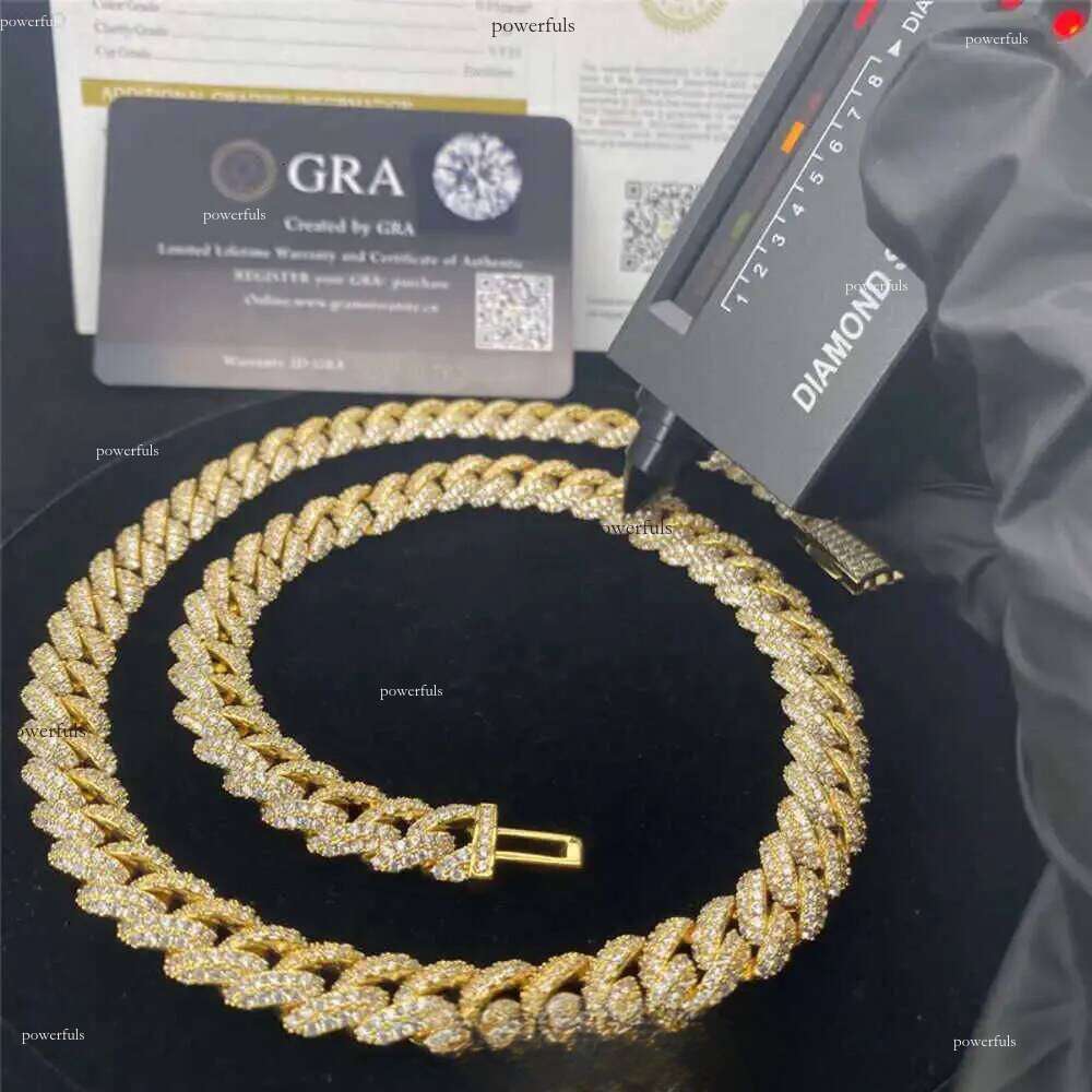 Box Clasp 10mm Pass Dia Tester Iced Out Hip Hop Moissanite Jewelry Chain Gold Plated Miami Cuban Necklace