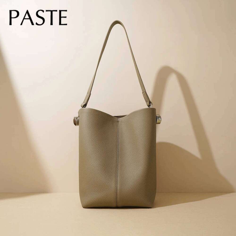 2025 New All-match Mori Girl One Handle Bucket Tote Grey Color Full Grain Cowhide Leather Women Handbag Commuter Shoulder Bag