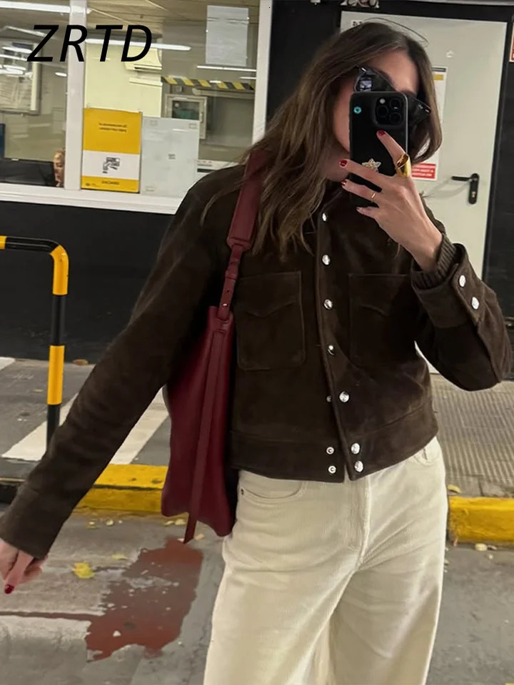 Street Womens Short Brown Suede Jacket Lapel Single Breasted Full Sleeve Pocket Female Coats 2025 Spring Lady Commute Outerwear 250717
