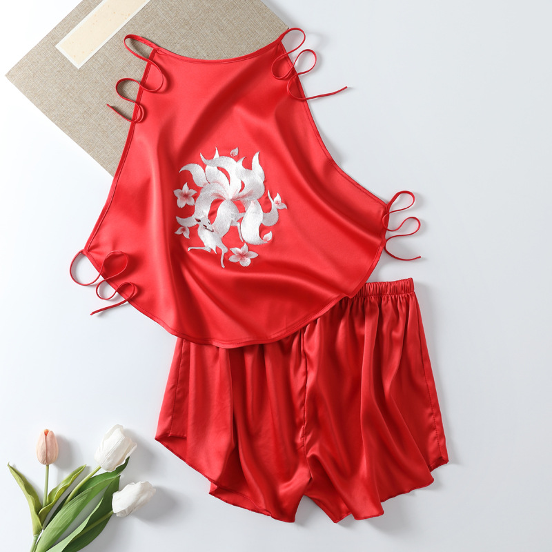Z40-Retro sexy ice silk embroidered bellyband suit double-layer simulation silk embroidered suspenders underwear pajamas women summer