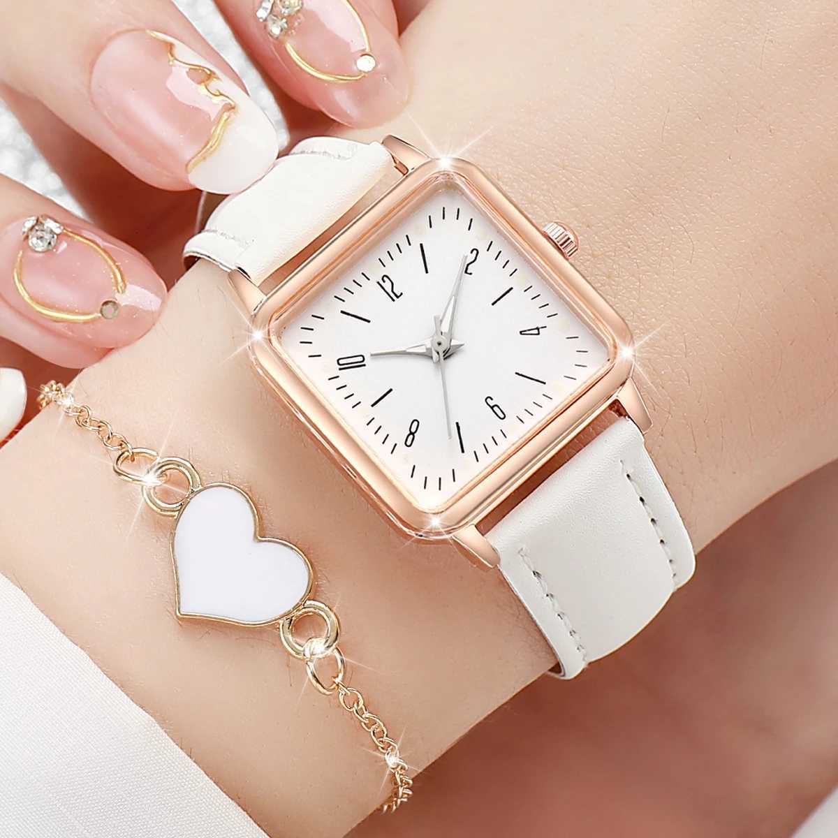 6PCs/Set Womens Fashion Watch Square Simple Dial Leather Quartz Watch with Love Bracelet Set W250718