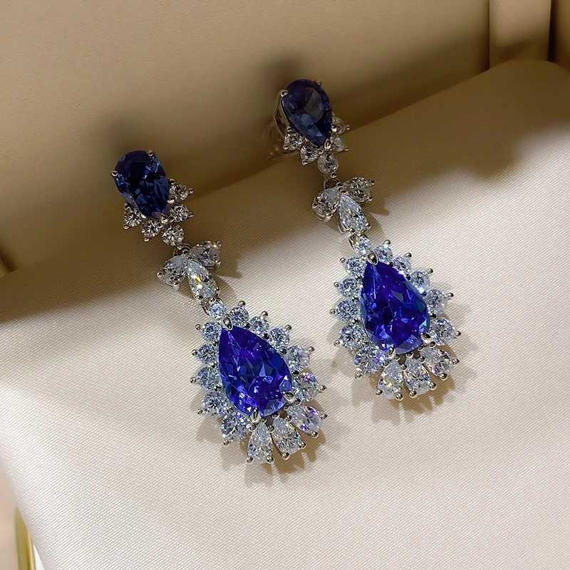 8-Color Pear Blue Cubic Zirconia Hanging Earrings Silver Color Luxury Earrings for Women Wedding Party Aesthetic Ear Jewelry New XJ250718