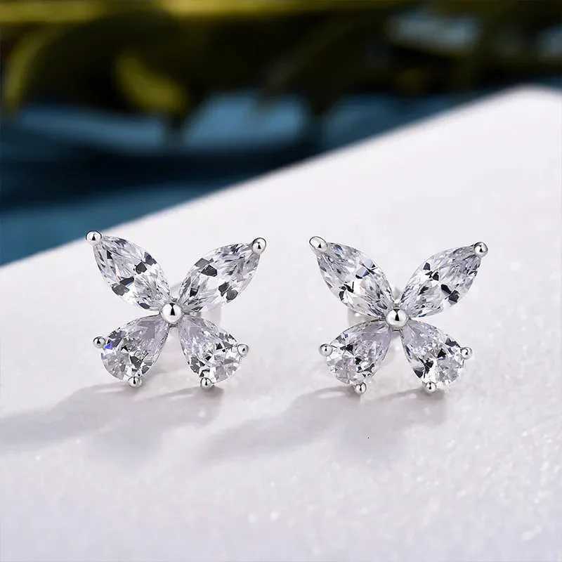 925 Sterling Silver Crystal Butterfly Shaped Stud Earrings for Women Dainty Female Ear Accessories for Party Wedding Bridal Jewelry XJ250718