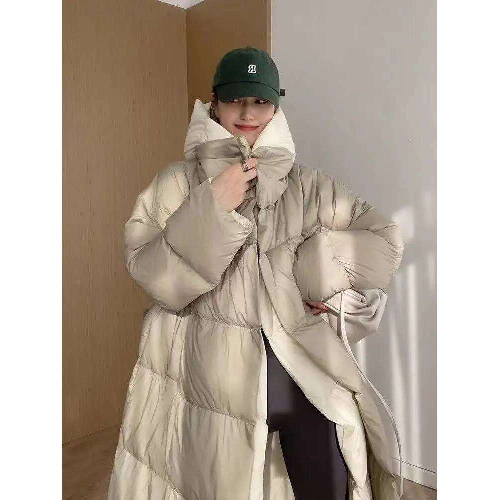 New White Duck Hooded Fake Two Piece Long Knee Down Jacket Winter Women's Warm Pike Coat MDNG