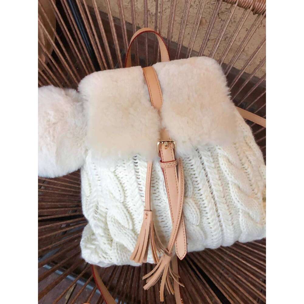 Wool For Women Autumn Winter New Tassel Drawstring Small Backpack Knitted Yarn Fluffy School Bag