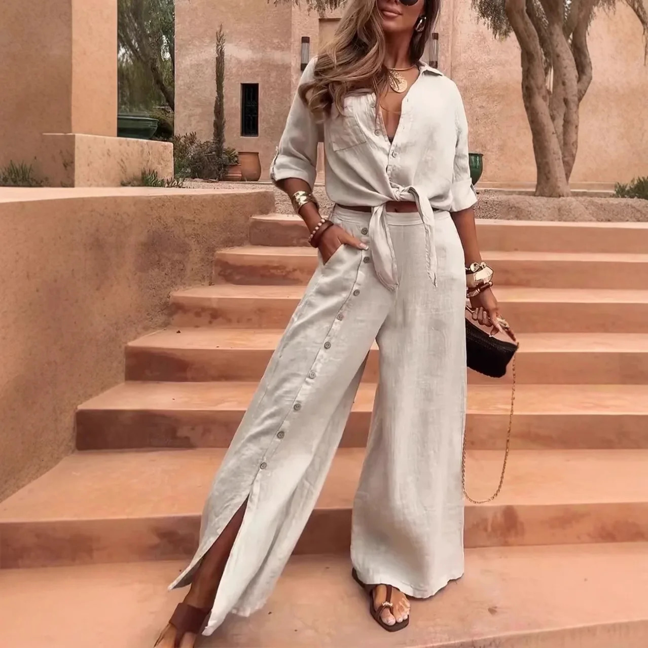 2025 Fashion Casual Irregular Two-piece Sets Loose Short-sleeved Mid-sleeve Shirt Blouse Button-down Wide-leg Pants Suits 250715
