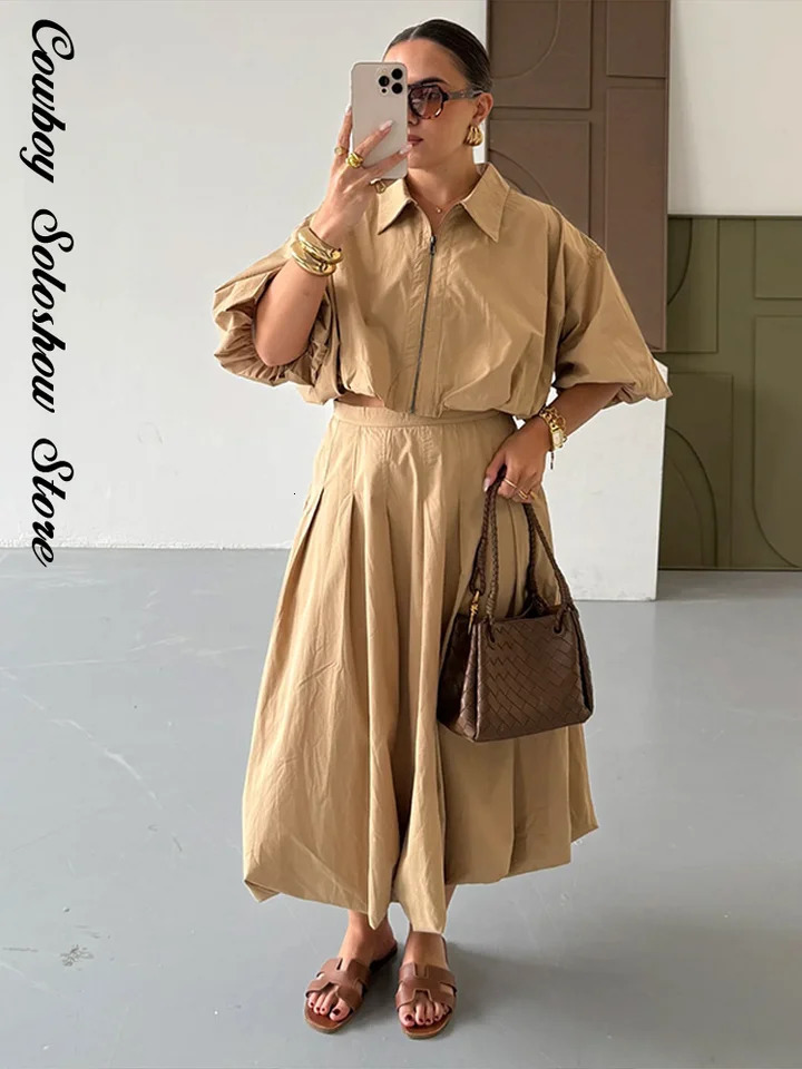 Summer Womens Yellow Lapel Half Sleeve Zipper Short Jacket Pleated Skirt Sets Casual Puff Midi Matching Lady Suits 250717