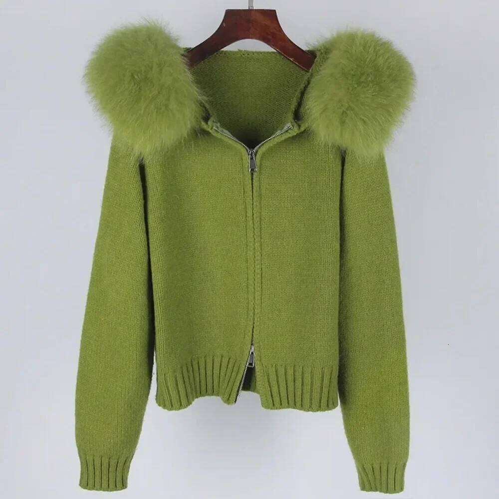 Designer Clothing 2024 Autumn Winter Casual Hooded Real Fox Collar Fashion Short Knitted Jacket With Natural Fur Coat For Women Fashion