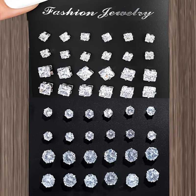 48 Piece Zircon Earring Set Simple Elegant and Fashionable Womens Shiny Round and Square Cut Stainless Steel Earrings XJ250718