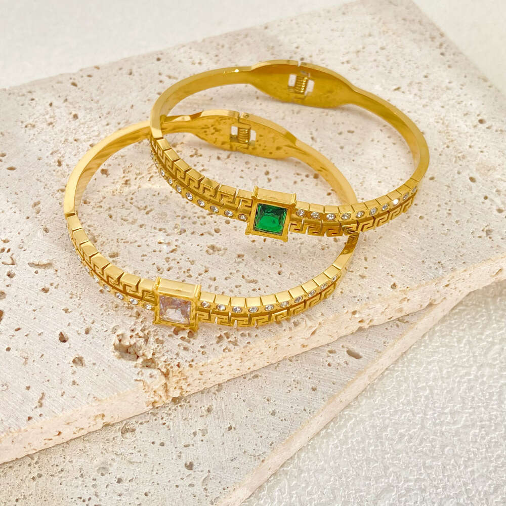 Stainless Steel Emerald Bracelet Light Simple Zircon Great Wall Pattern Hand Women's Fashion Jewelry Accessories