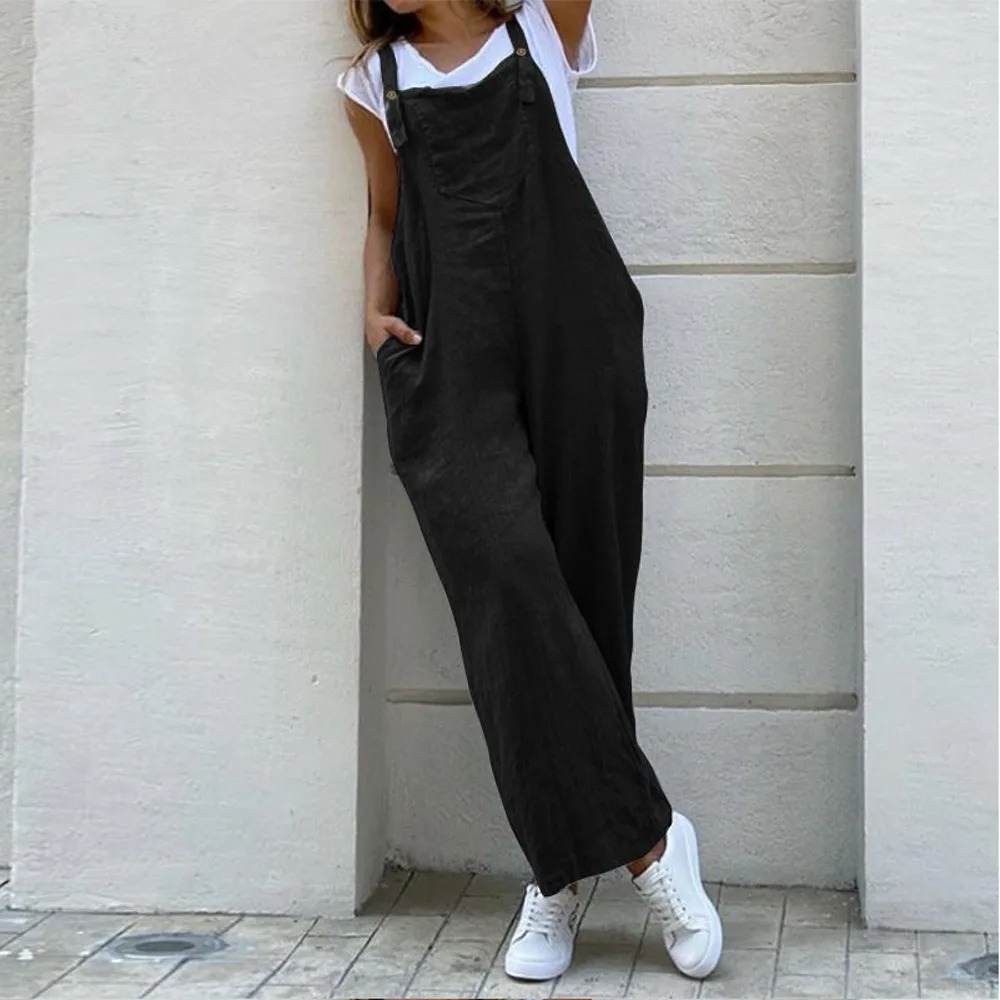 Women Wide Leg Pants Summer Adjustable Strap Pocket Loose Cotton Linen Overalls JYFSJY1850 250714