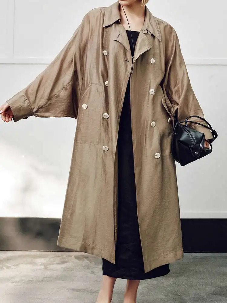 ZMEENNA Womens Lightweight Oversized Draped Trench Coat Long Sleeve Double Breasted Loose Fit Classic Lapel Chic Style ZM1054 250715