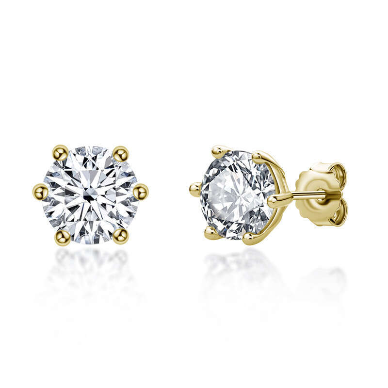 Classic Six-Prong D Color Moissanite Stud for Women, Sterling Sier Gold-Plated Earrings