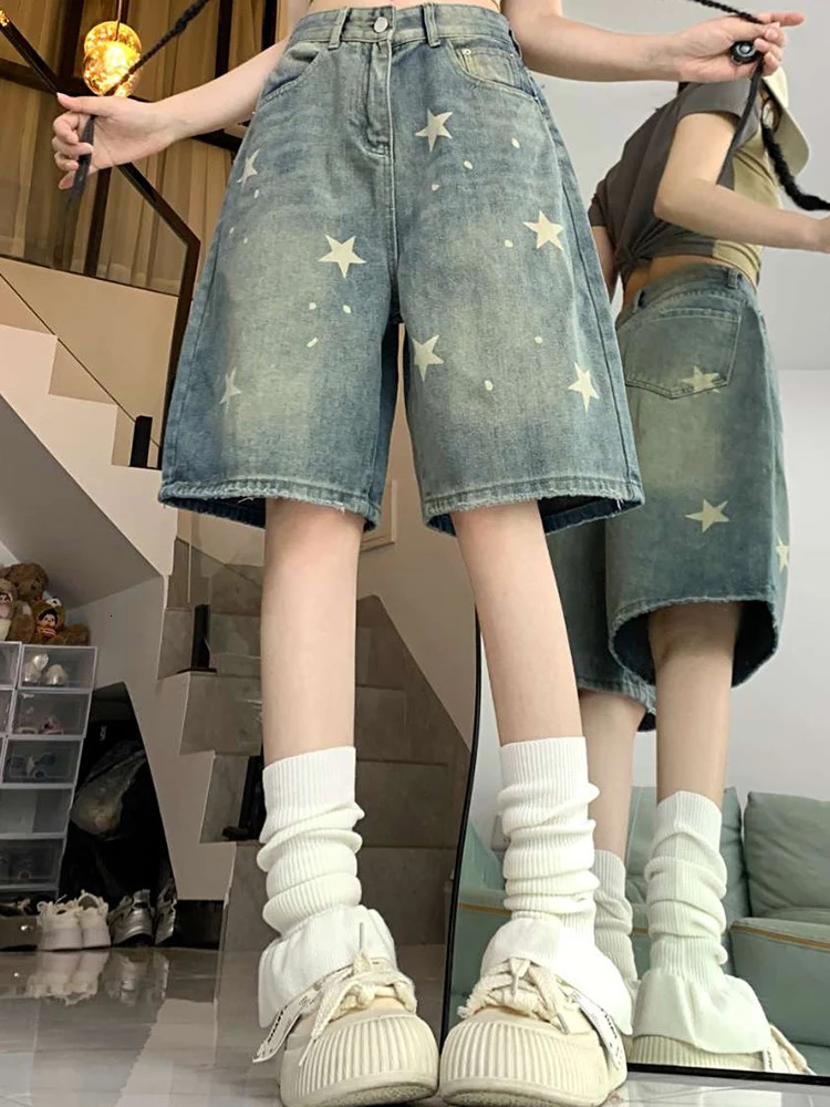 Women High Waist American Retro Washed Wide Leg Jeans Girls Street Do Old Star Loose Denim Pants Female Blue Knee Length Shorts 250714