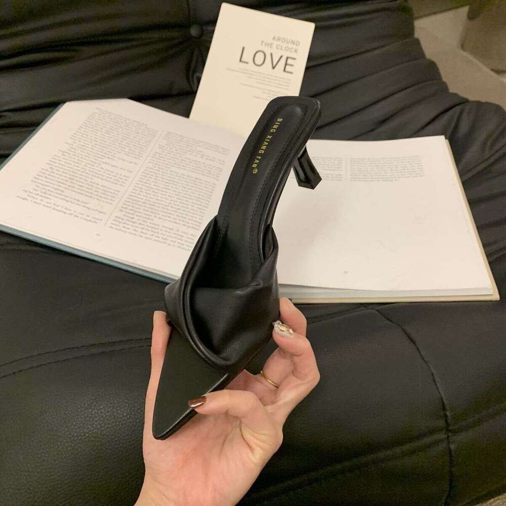 2025 Summer Pointed Open Toe Denim Blue Outdoor Slippers Fairy Style Thin High Heel One-Strap Sandals with Bowknot