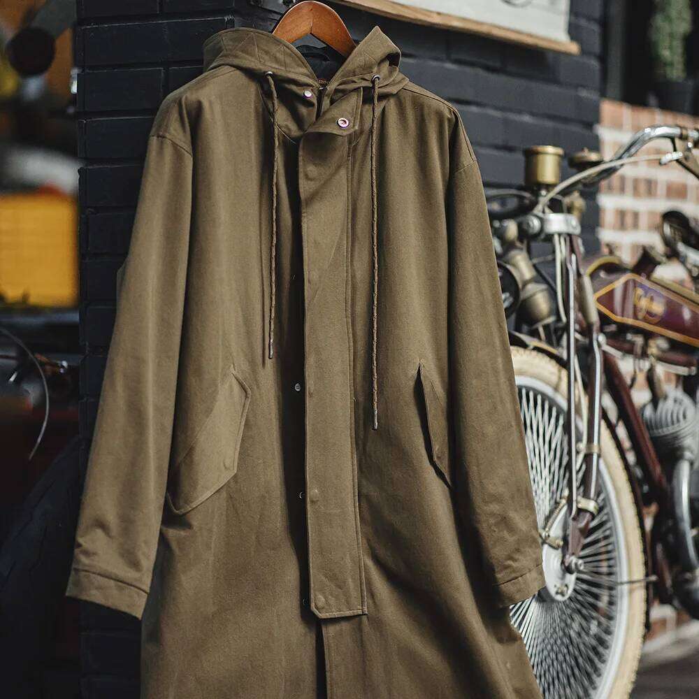 Maden Retro M51 Hooded Windbreaker Loose Fit Cotton Zipper Mid-Length Jacket Versatile Solid Color Outerwear For Men's Autumn