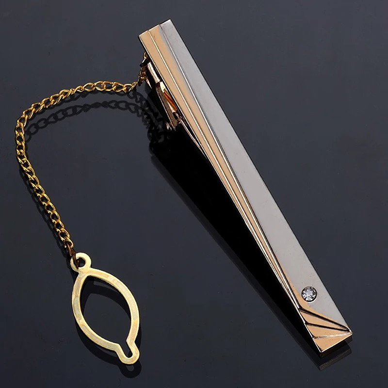 Metal Gold Color Tie Clip With Chain For Men Wedding Necktie Clasp Gentleman Ties Bar Pin Mens Accessories 250715