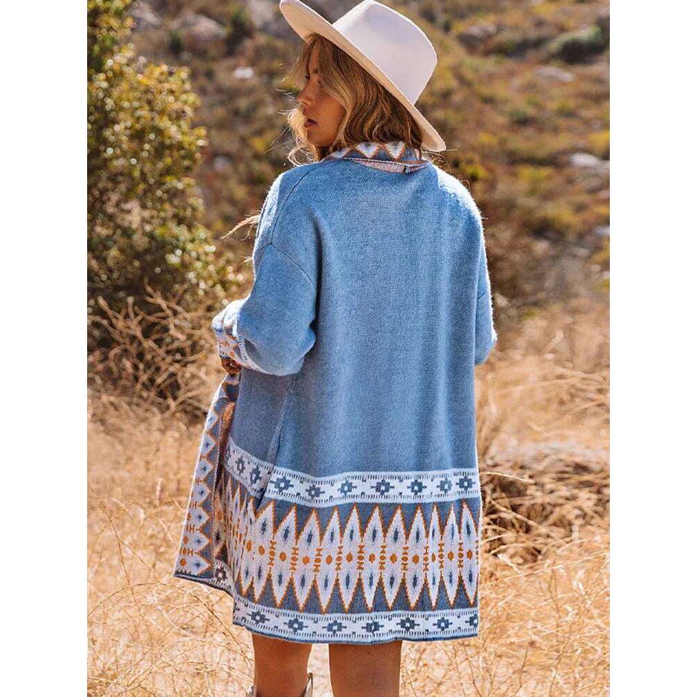 Designer Clothing Gypsylady Geometry Vintage Knitted Sweater Cardigan Blue Open Front Autumn Spring Women Ethnic Boho Ladies Long Jumper Sweaters Fash