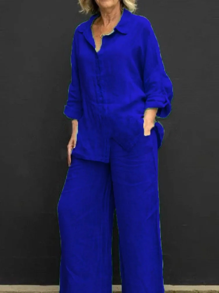 Solid Color Linen Two Piece Sets Women Outfits Spring Autumn Simple Long Sleeve Shirt Loose Trousets Set Office Casual Suit 250715