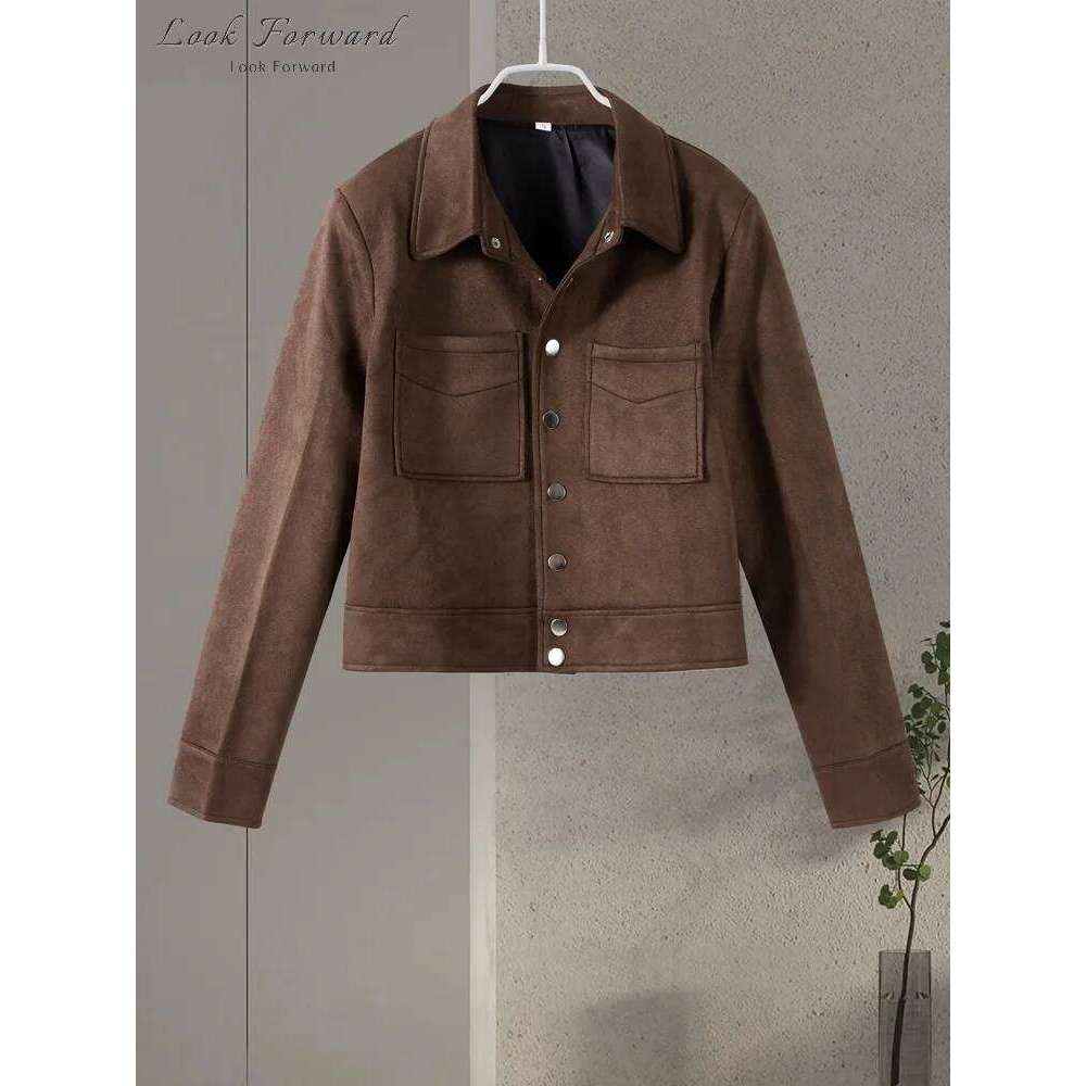 hoodie Vintage Suede Jacket Women Belt Loose Lapel Zippers Pockets Outerwears Lantern Sleeve Brown Coats Lady Spring Autumn Streetwear jacket