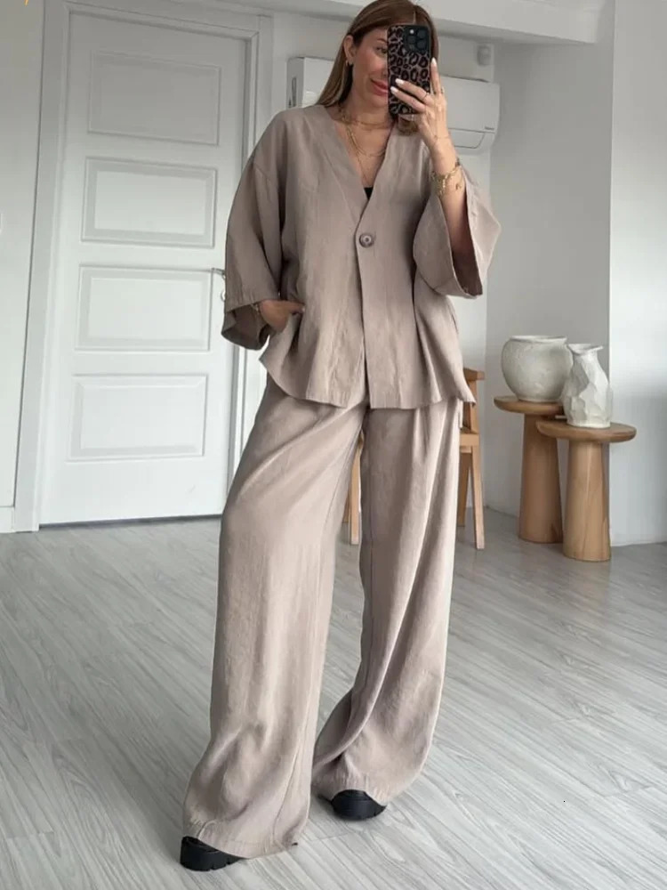 Loose Solid Cotton Linen Pants Sets Casual Buttons Half Sleeve V-neck Shirts Suits 2025 Female High Street Outfits Summer 250715