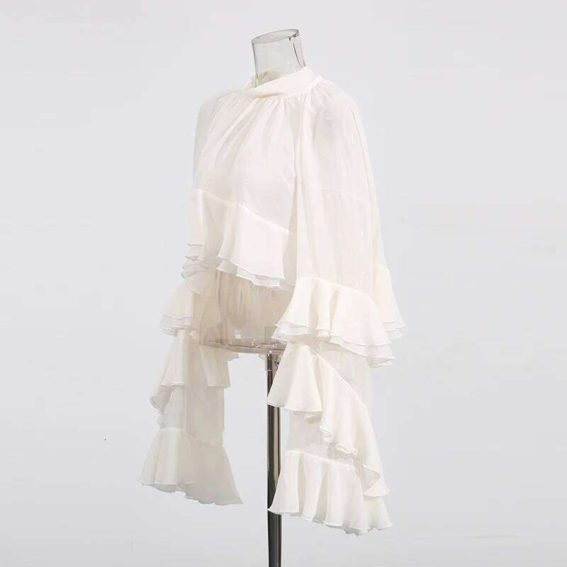 Solid Loose Sheer Blouses for Women High Neck Long Sleeves Patchwork Ruffles Folds Elegant Blouse Female Clothing