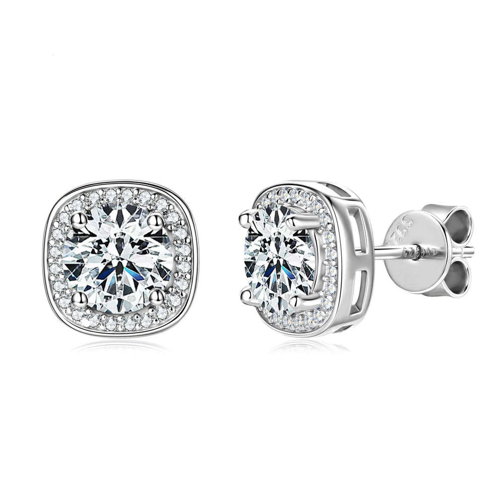 S Sier Small Sugar Cube Classic Unisex Four-Prong Round One Carat Moissanite Earrings for Women