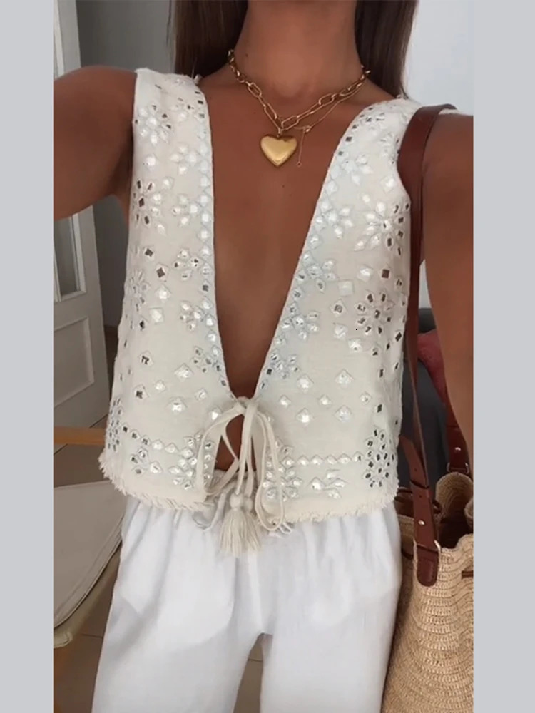 Street Metal Sequins Women 2 Piece Set Sexy Lace Up Sleeveless Crop Vest Pleated Mini Skirt Sets Fashion Short Lady Outfit 250714