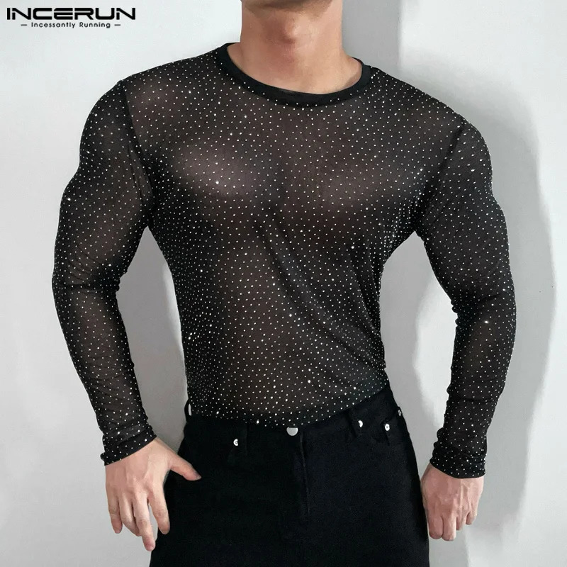 Fashion Casual Style Tops INCERUN Men Sparkling Fabric Slightly Perspective T-shirt Sexy Male Long Sleeved Camiseta S-5XL 250714