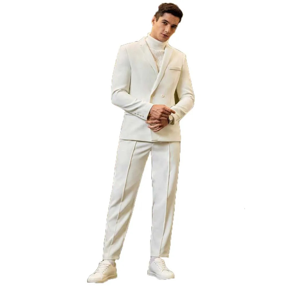 High Quality White Mens Suits Double Breasted 2 Piece Jacket Pants Male Clothing Slim Fit Business Gentleman Blazer Sets 250715