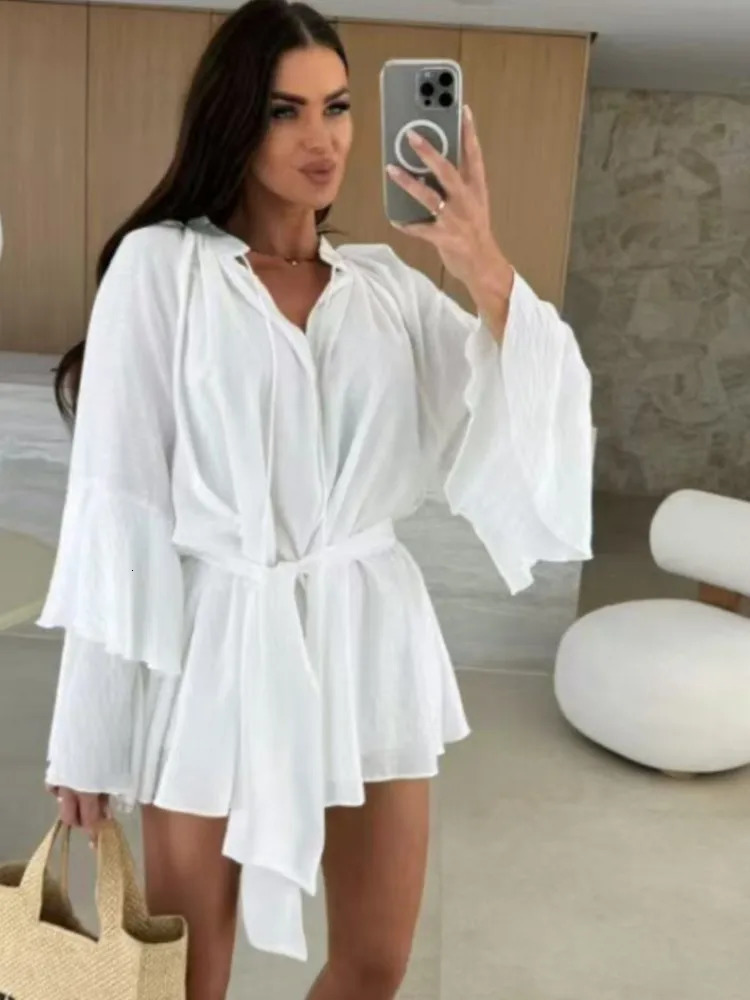 Sweet Flared Sleeves Dresses For Women 2025 Sexy Deep V-neck Fashion Mini Dress Spring Summer Lace Up Solid Dress Robe Femme 250715