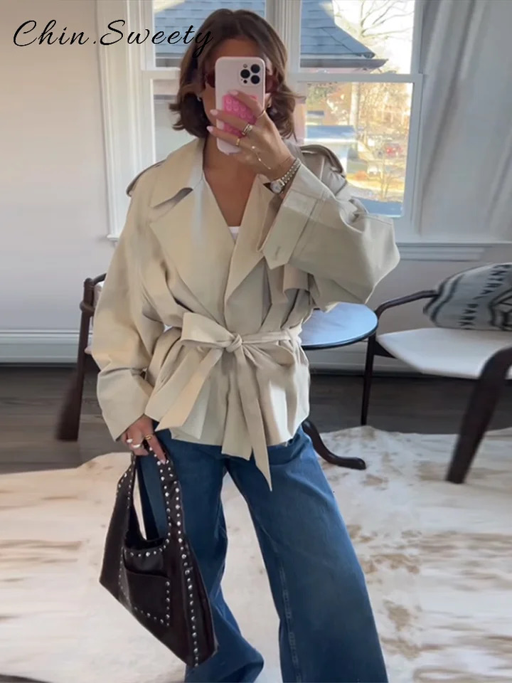 Fashion Lace Up Ruched Trench Coat Women Solid Loose Lapel Full Sleeve Jackets Female 2025 Spring Summer Lady Commute Coats 250716