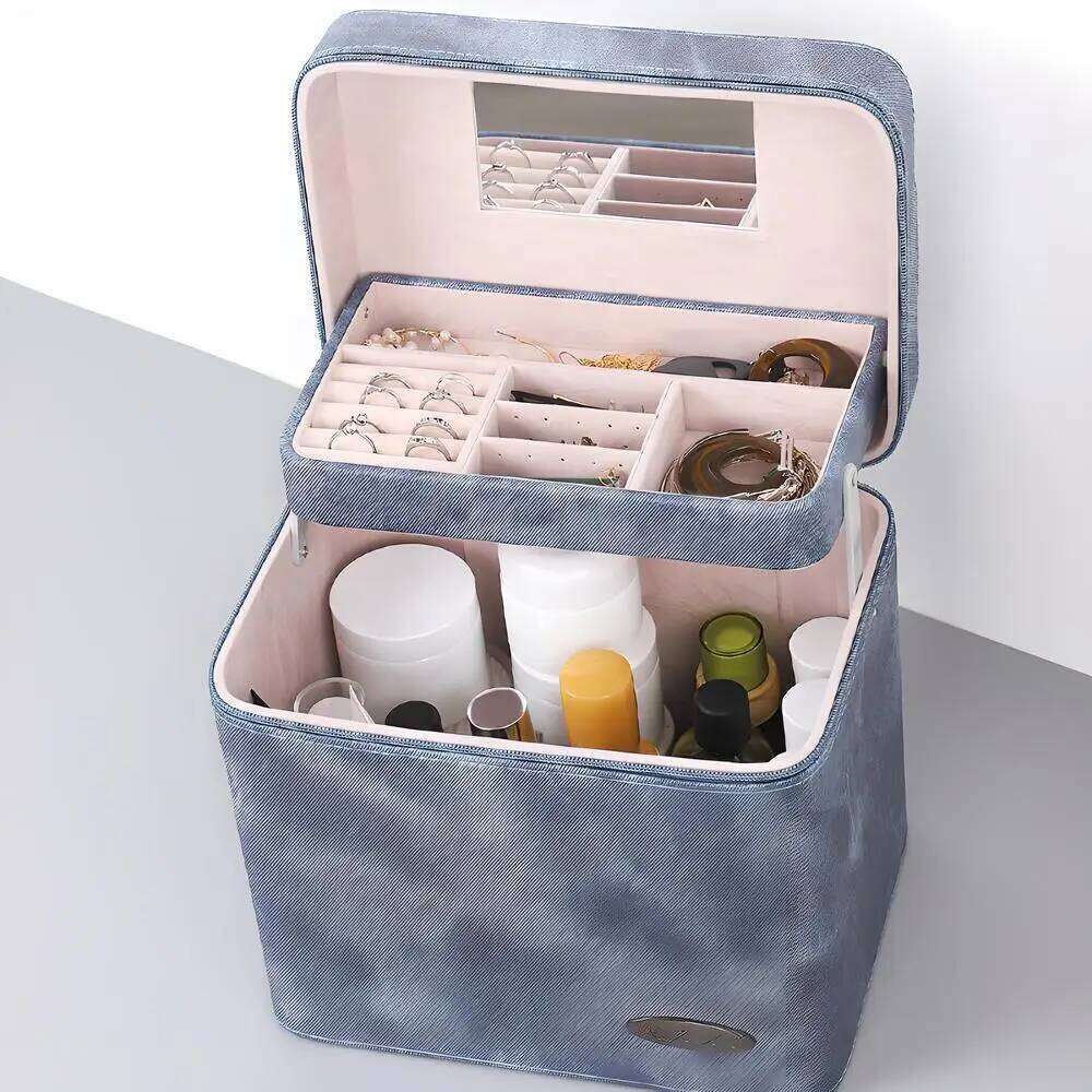 Large Capacity Cosmetic Pu Leather Waterproof Make-Up Case Lipstick Jewelry Organize Storage Multifunctional Box With Mirror