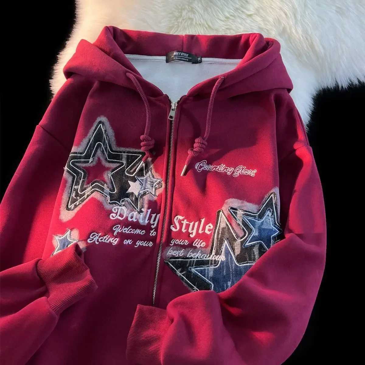 Aesthetic Star Print Cardigan Zip Up Sweatshirt Men Women Autumn Winter Loose Tide Brand Couple Hooded Zip Jacket Harajuku Y2k Z250719
