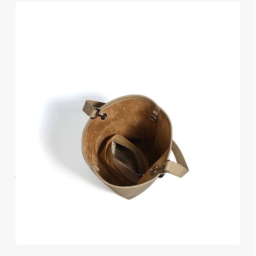 2025 New All-match Mori Girl One Handle Bucket Tote Grey Color Full Grain Cowhide Leather Women Handbag Commuter Shoulder Bag