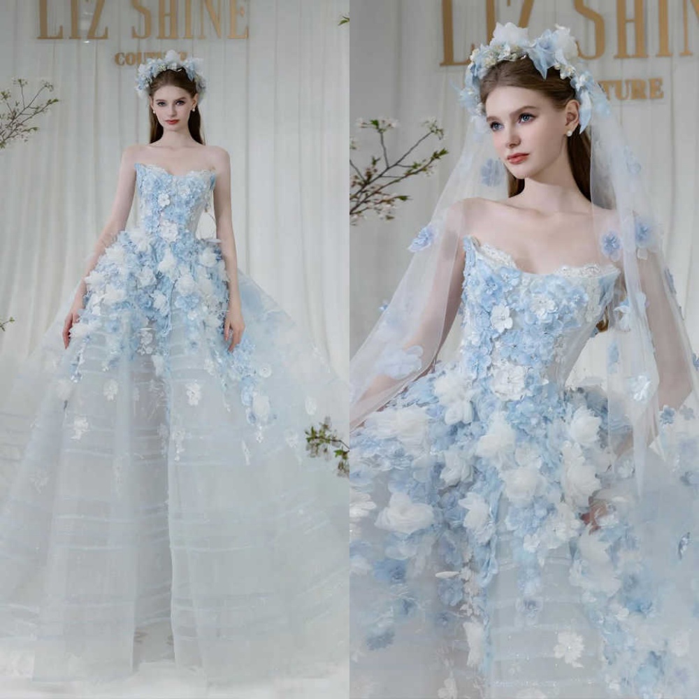 Fairy High Grades Party Evening Dress Appliques Blue Petal Strapless Lace A-Line Princess Bridal Gowns Customized