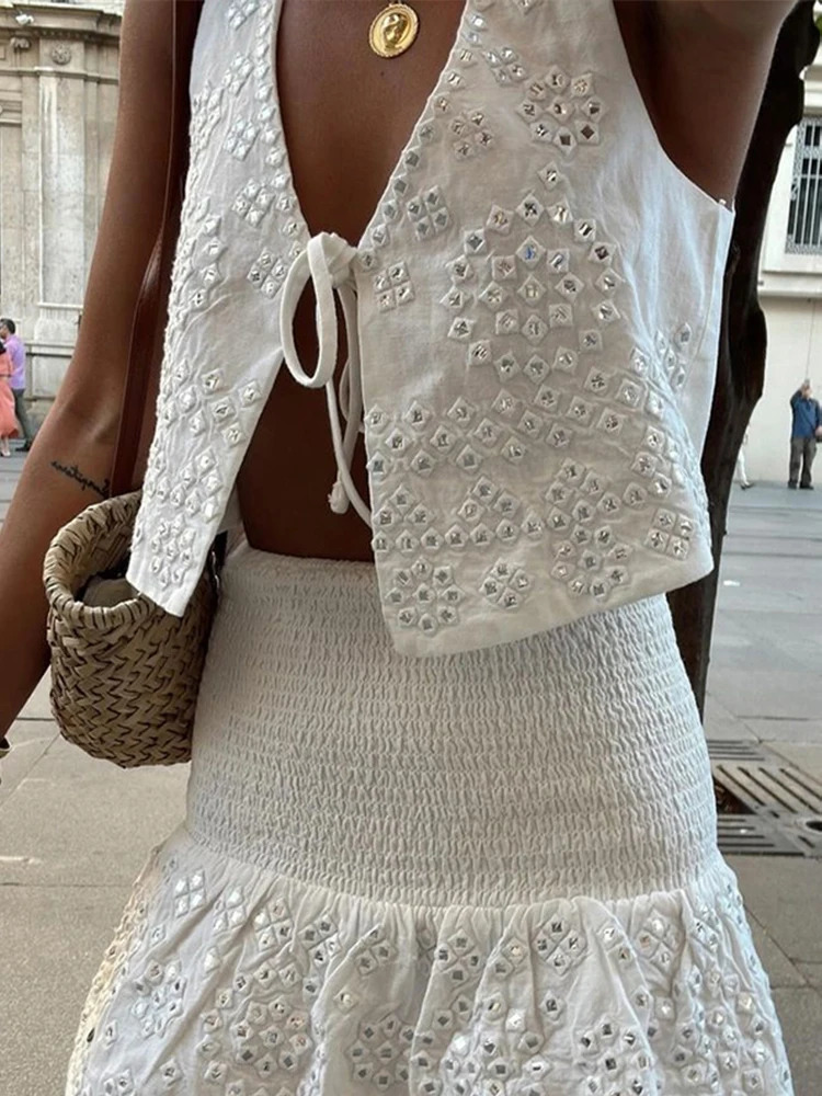 Street Metal Sequins Women 2 Piece Set Sexy Lace Up Sleeveless Crop Vest Pleated Mini Skirt Sets Fashion Short Lady Outfit 250714