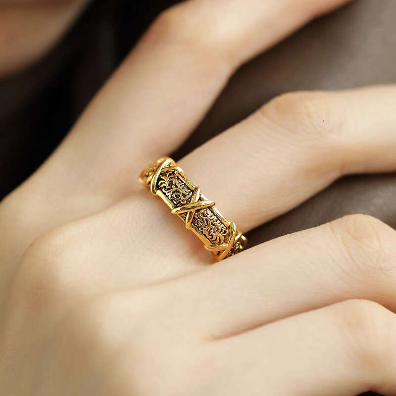Unique Heavy Craft Antique Gold Color Tang Grass Pattern Cross for Women Fashionable Light Luxury Vintage Versatile High-end Index Finger Ring